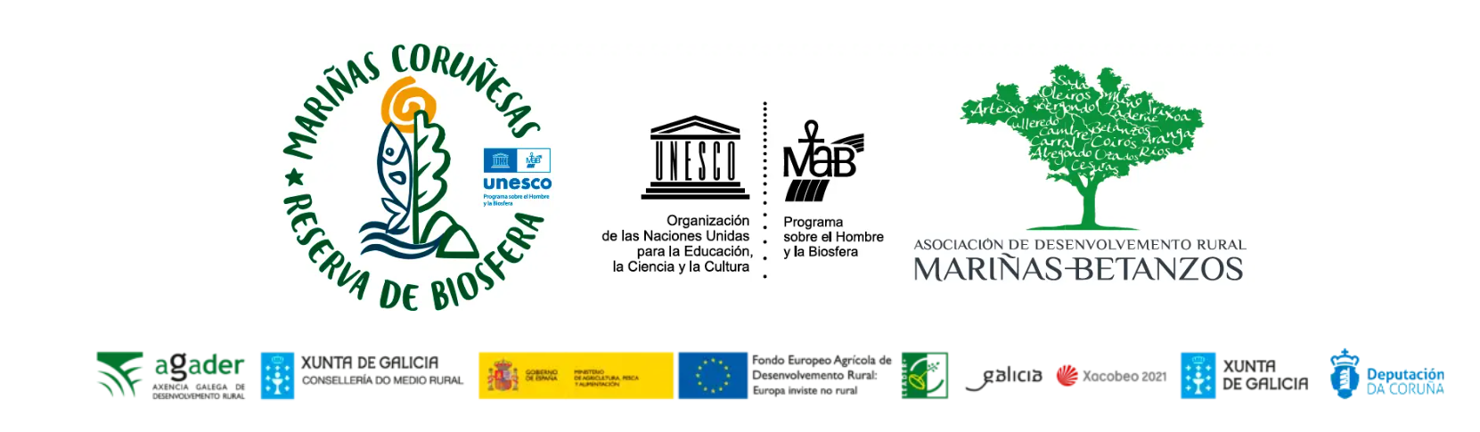 Logos institucionais: Reserva de Biosfera, UNESCO, MaB, Mariñas-Betanzos, AGADER, Xunta de Galicia, Goberno de España, Fondo Europeo Agrícola, Xacobeo, Deputación da Coruña